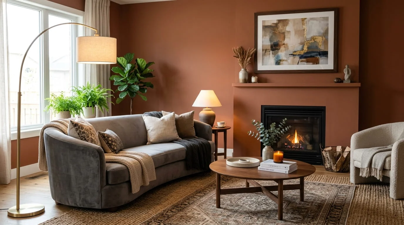 Modern lounge interior with curved gray velvet sofa layered rugs round coffee table floor lamp and framed wall art
