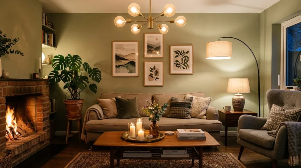 Cozy lounge interior with layered ambient lighting from chandelier floor lamp and table lamp beside styled fireplace and wall art