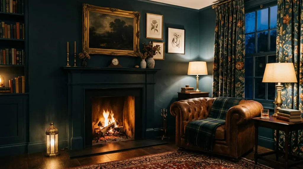 Sophisticated lounge interior painted in deep moody blue green with fireplace framed art leather armchair and patterned curtains