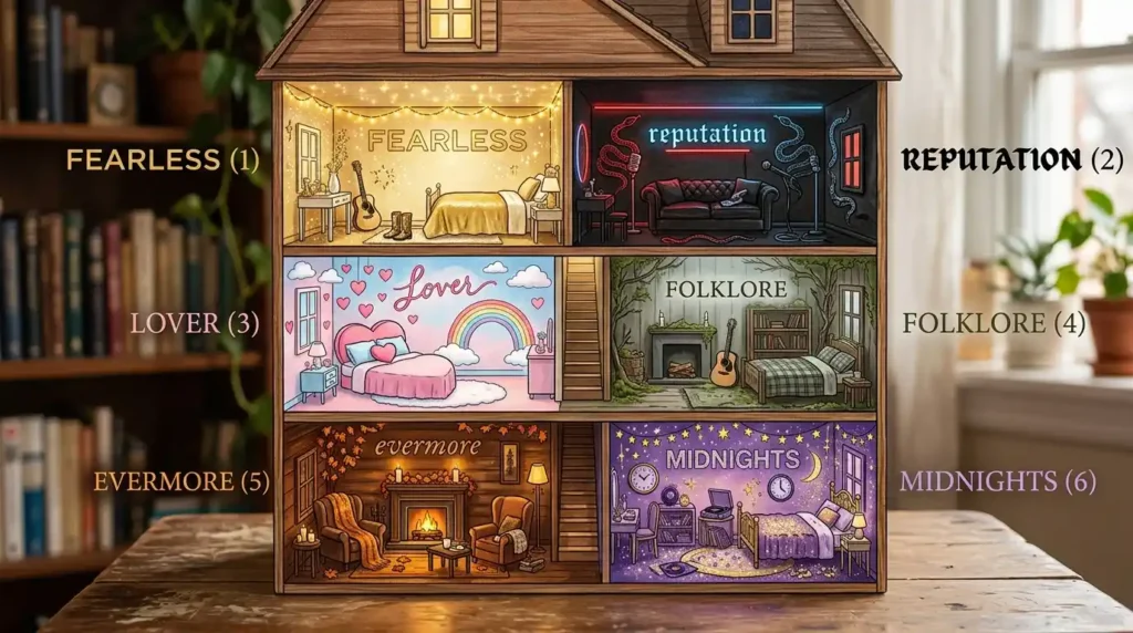 Architectural cutaway illustration of colorful multi-room dollhouse showing six Taylor Swift album themed rooms including golden Fearless room dark Reputation room with neon pastel pink Lover room with heart bed misty Folklore cabin warm Evermore cabin and glittering Midnights room each labeled with album name
