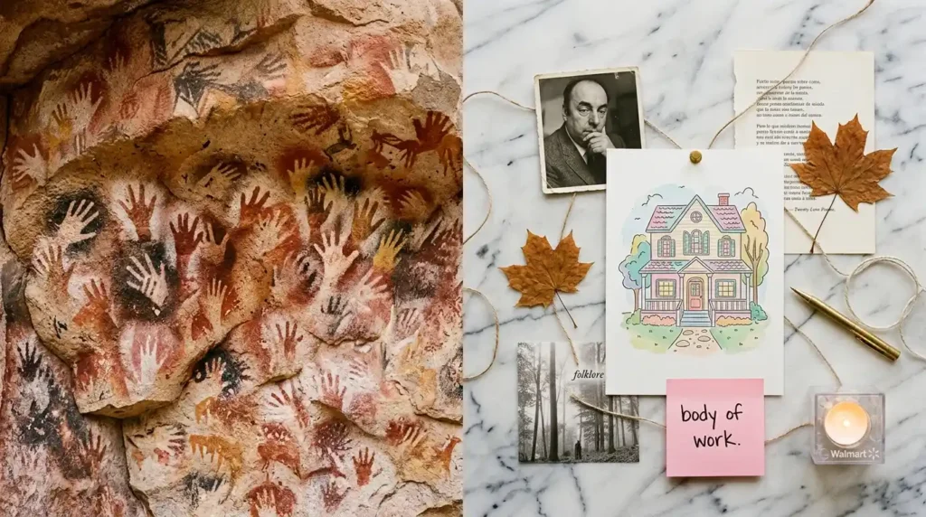 Split frame image showing ancient Cueva De Las Manos cave art with handprints on stone wall on left transitioning to modern Tumblr web weaving mood board on white marble with Taylor Swift Lover House illustration Pablo Neruda portrait poetry book page autumn leaf Folklore cover handwritten Post-it note and glowing LED block set piece on right