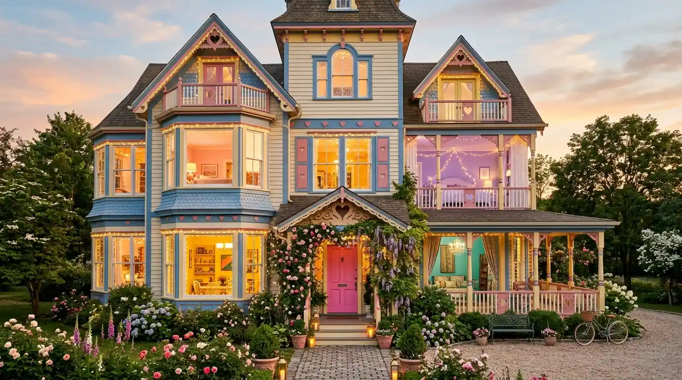 Wide angle exterior of colorful multi-story pastel dollhouse style home with pink blue yellow lavender painted rooms visible through large windows heart shaped decorative details fairy lights glowing green climbing plants and bright pink front door in golden dusk light evoking Taylor Swift Lover music video Holiday House
