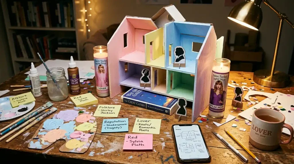 Student handmade Lover House replica in progress on wooden worktable showing foam carton wall panels propped with Taylor Swift candles while glue dries pastel paint palette with brushes Post-it notes with album author connections cardboard cut-out author silhouettes notes app floor plan sketch on phone in warm lamp light