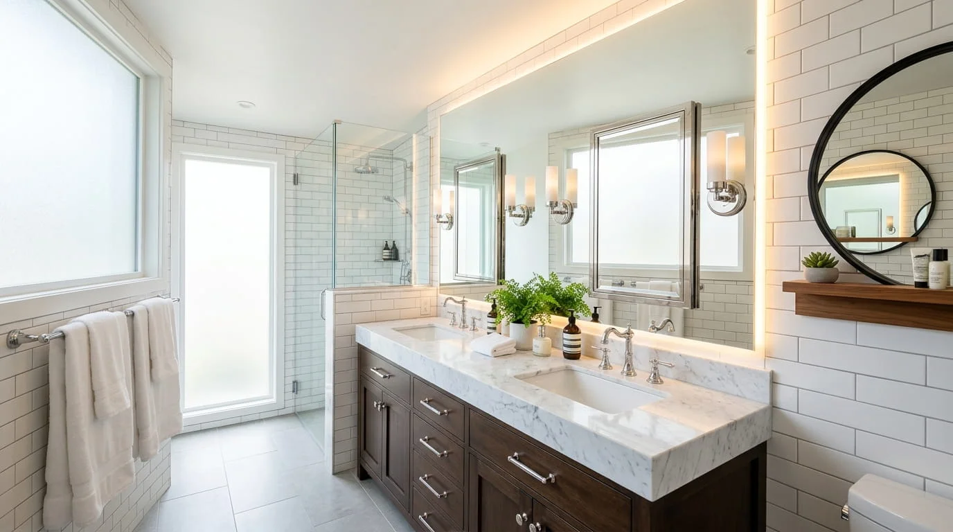 Wide angle master bathroom with large frameless LED mirror spanning full width white marble double vanity chrome hardware subway tile walls and warm natural light