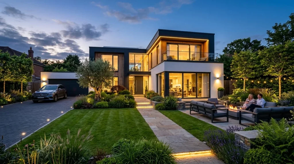 Modern house exterior with landscaped garden and outdoor seating