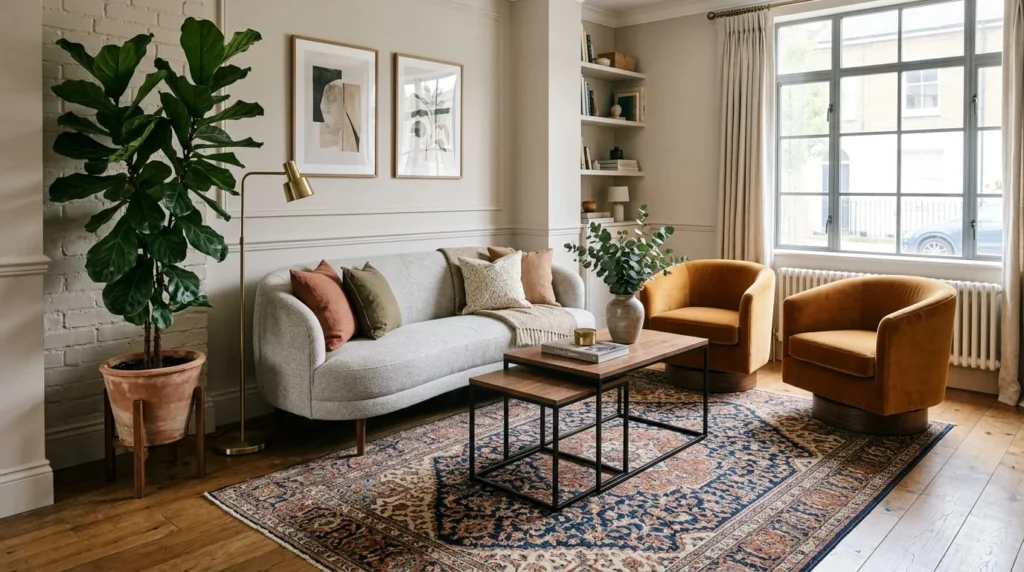 Narrow living room with slim profile curved sofa swivel armchairs nesting tables vintage rug and tall indoor plant