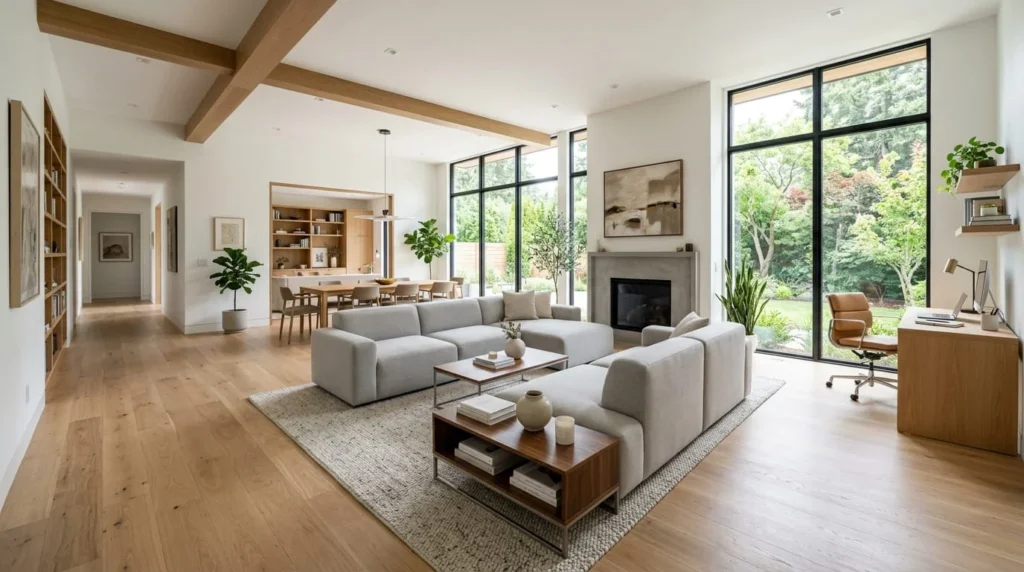 Open floor plan living room with modern interior and natural lighting