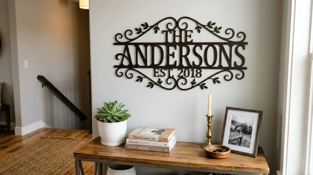 Personalized metal family name sign mounted on grey interior wall above styled entryway console table