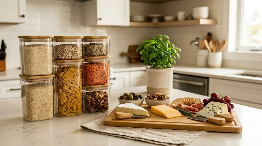 Stackable airtight food storage containers and custom bamboo charcuterie board with cheese knives on kitchen countertop