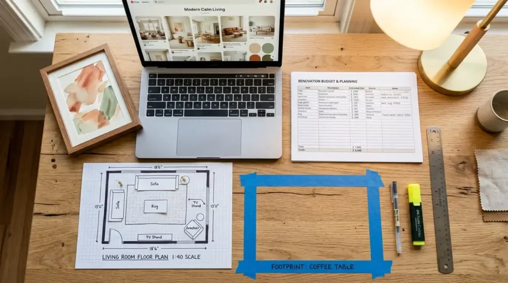 Room design planning toolkit flat lay on light oak desk showing laptop with Pinterest mood board open budget spreadsheet with line items scaled hand-drawn floor plan on graph paper with furniture cut-outs and dimensions blue painter's tape roll on wood surface springboard object framed terracotta sage painting leaning on laptop screen and pen highlighter ruler in warm desk lamp light