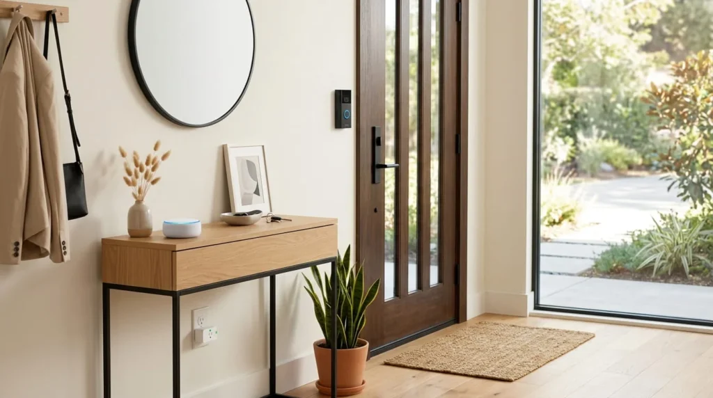 Ring video doorbell installed at front door with smart speaker and smart plug in modern home entryway