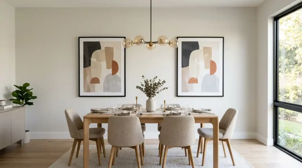 Modern neutral dining room with perfectly symmetrical wall arrangement showing two identical large framed art prints in thin black frames mounted at equal heights on either side of simple pendant chandelier above rectangular dining table with six chairs warm afternoon natural light pale walls and light hardwood floors creating immediate balance and dramatic visual impact