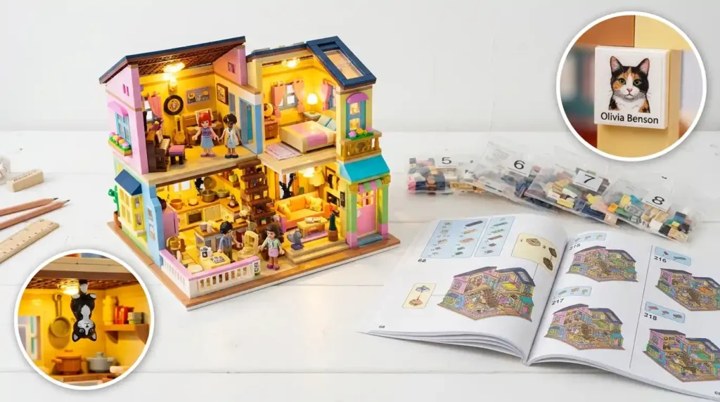 Completed Music Themes Lovers House Building Block Set on white surface with LED lights glowing illuminating colorful rooms instruction book open numbered brick packages in background inset circle showing tiny pre-printed Taylor cat portrait brick and second inset showing upside down cat detail on kitchen ceiling