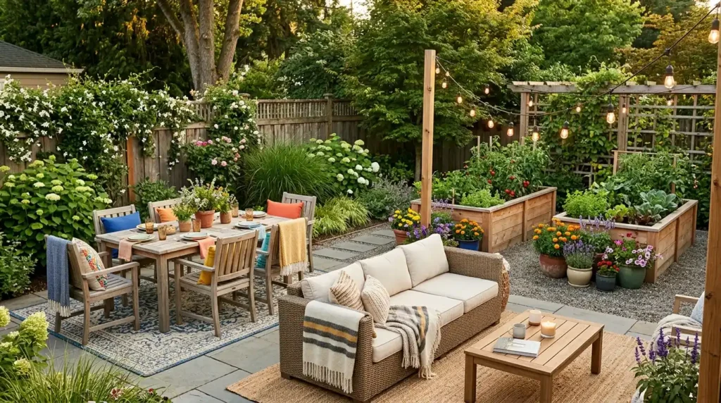 Well designed backyard with three functional zones showing dining area lounging area and gardening zone with plants