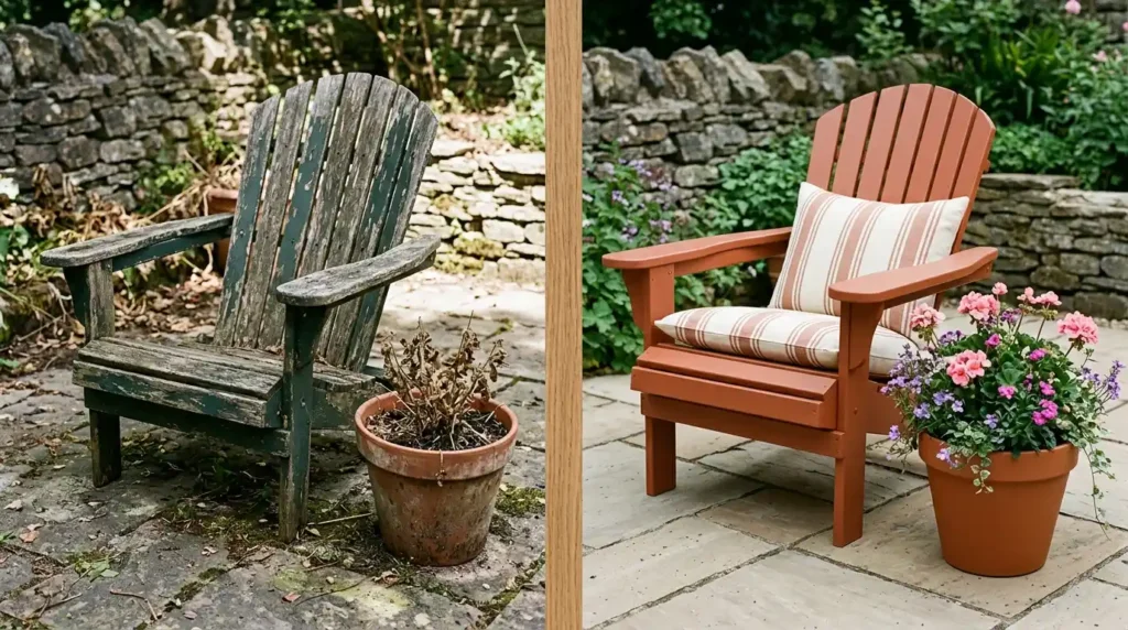 Before and after split image showing old worn outdoor chair transformed with fresh paint new cushion and flowering pot