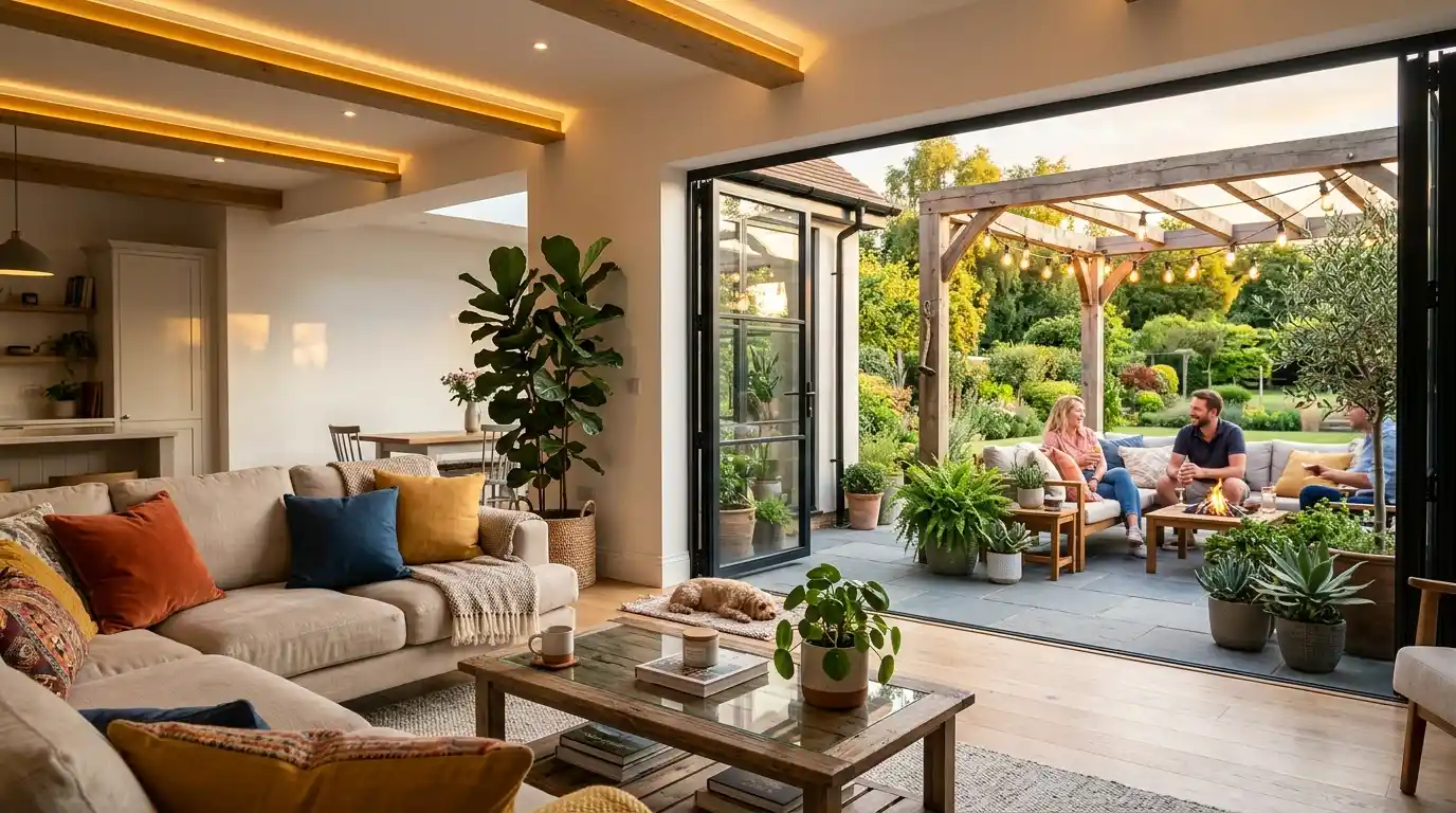 Modern open plan living room flowing into styled outdoor patio with warm lighting indoor plants and colorful cushions