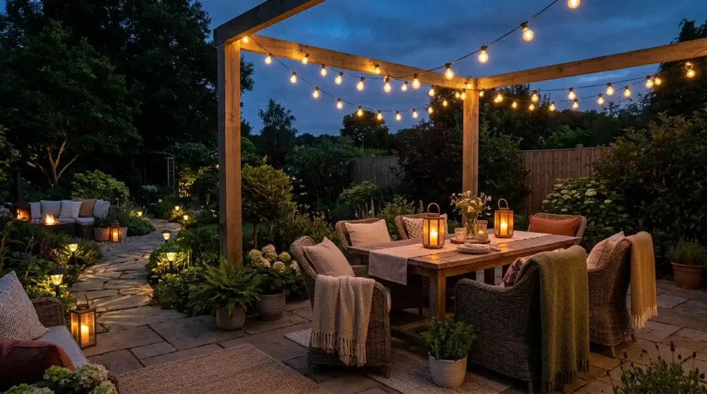 Cozy outdoor patio at dusk with layered string lights solar garden lamps lanterns and comfortable seating with throws