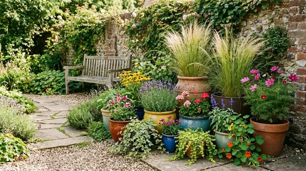 Outdoor garden corner with potted plants at varying heights including tall ornamental grasses colorful flowers and trailing plants