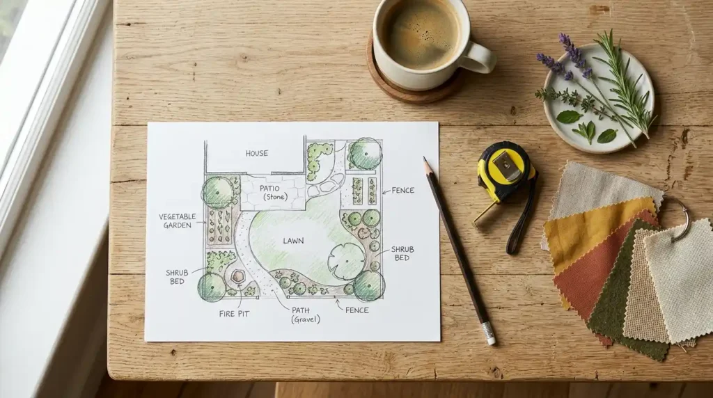 Overhead flat lay of hand drawn yard planning sketch with measuring tape fabric swatches plant samples and coffee cup