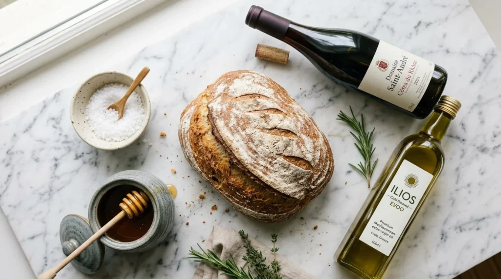Traditional housewarming gifts flat lay including bread wine salt olive oil and honey pot on marble surface