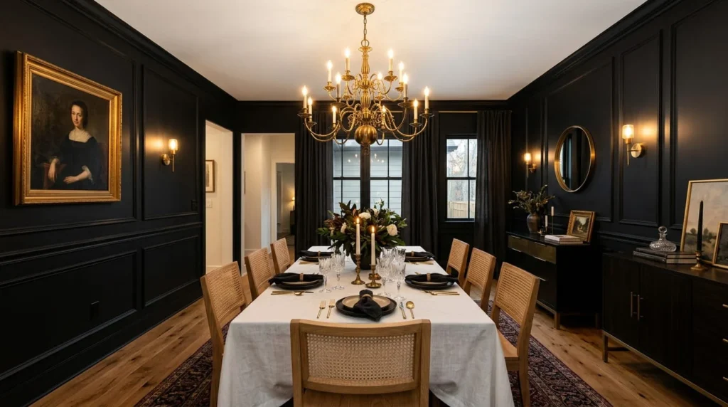 Dramatic dining room with Tricorn Black SW 6258 walls in matte sheen, white ceiling, picture frame molding, brass chandelier and warm oak floors
