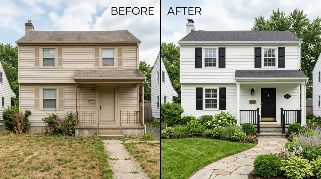 Before and after exterior home transformation with Tricorn Black SW 6258 shutters and front door against Pure White siding replacing dated beige