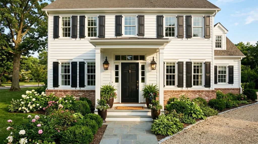 White home exterior with Tricorn Black SW 6258 shutters and front door, matte black lanterns, exposed brick foundation and green landscaping