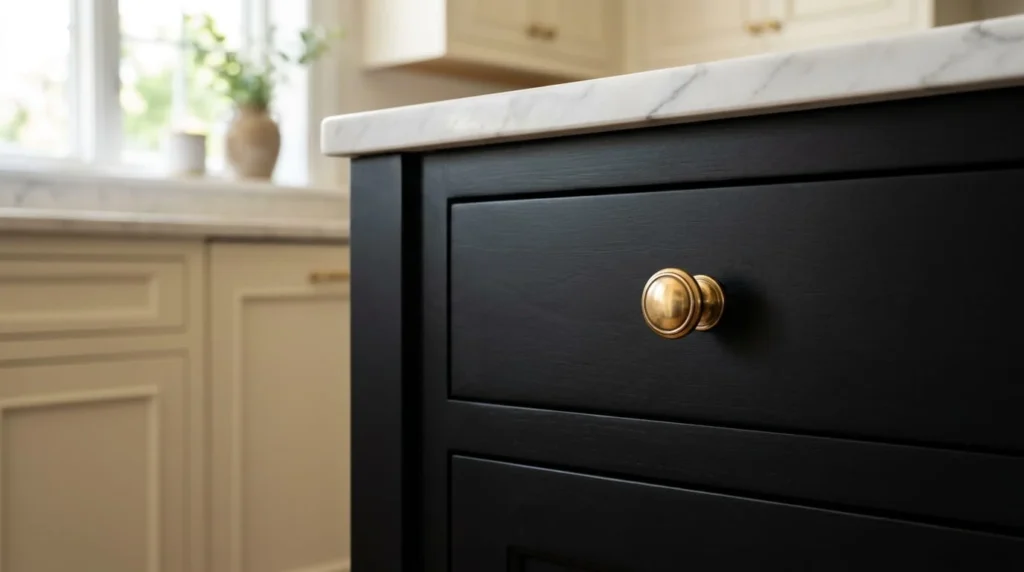 Kitchen island painted Tricorn Black SW 6258 satin finish with brass knobs against cream perimeter cabinets in natural light