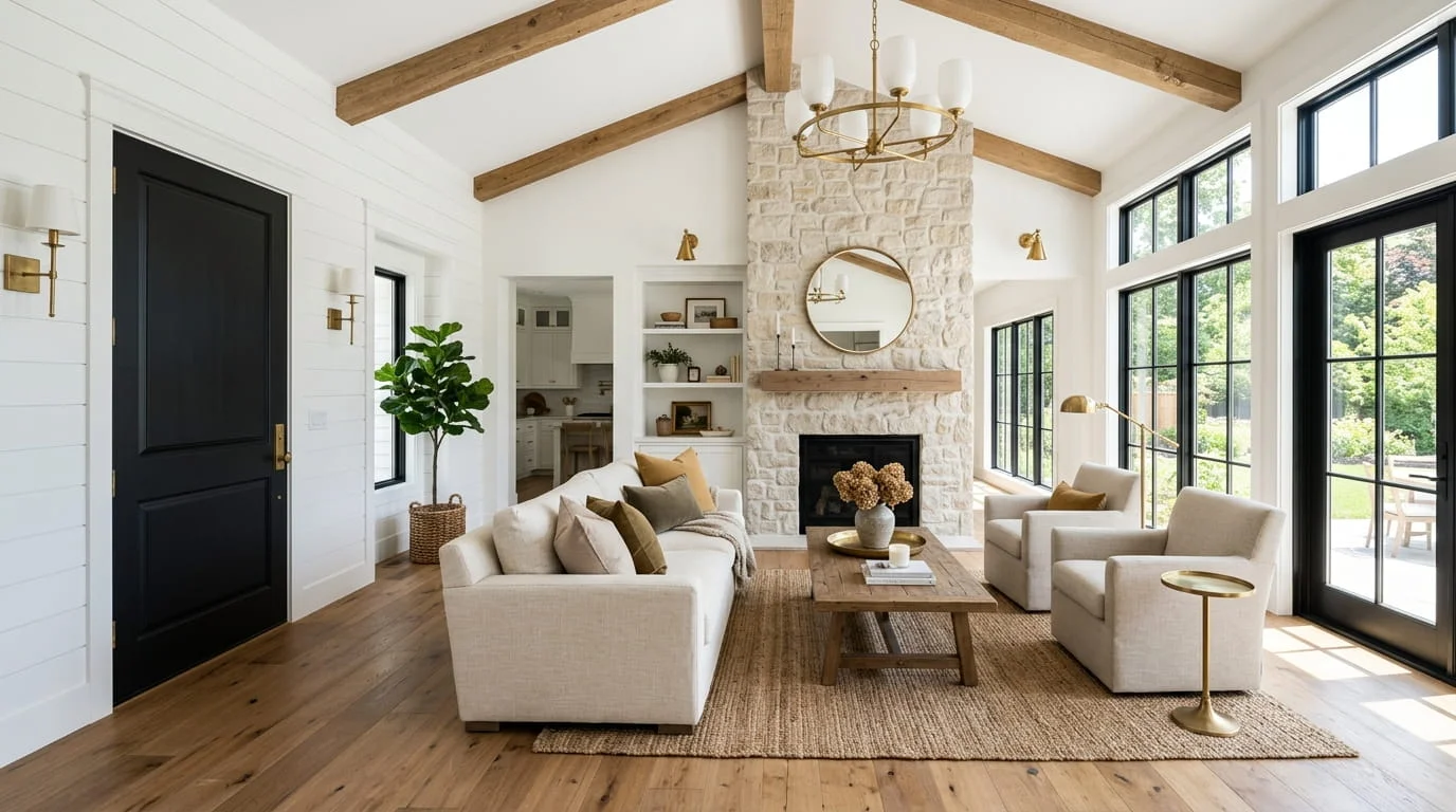 Modern farmhouse living room with Tricorn Black SW 6258 front door, white walls, brass hardware and warm wood floors
