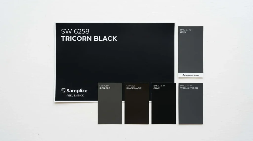 Flat lay comparison of Tricorn Black SW 6258 paint swatch alongside Iron Ore, Black Magic, Benjamin Moore Onyx and Wrought Iron paint chips