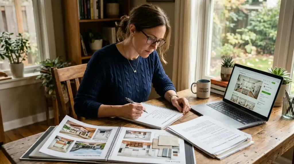Homeowner vetting house designers near me by reviewing portfolio credentials and client testimonials before hiring