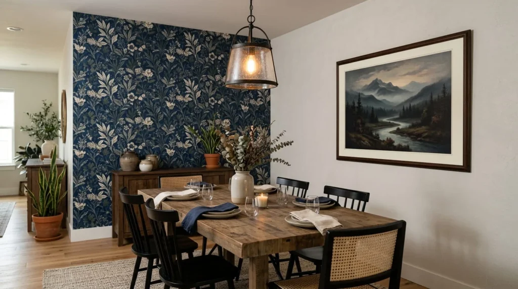 Dining room accent wall with deep indigo peel and stick wallpaper and framed moody landscape art print