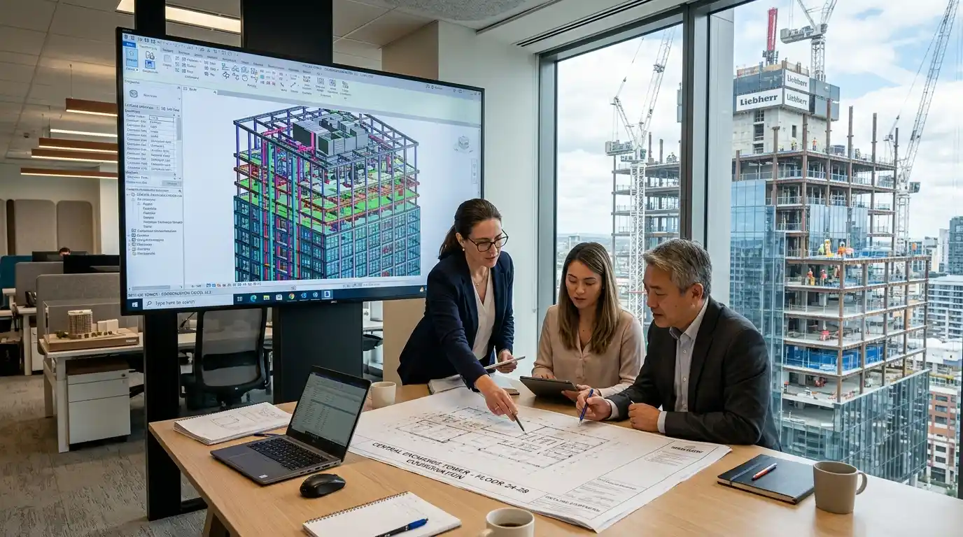 Commercial architect reviewing building plans and BIM models for a commercial construction project