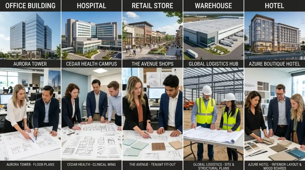 Different commercial architecture specialties including office, healthcare, retail, hospitality, and industrial buildings