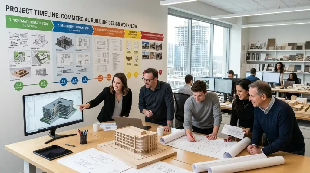 Commercial architecture design process showing project phases from schematic design to construction administration