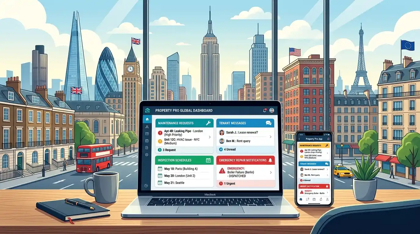 Digital property management dashboard showing maintenance requests, inspections, and tenant communication tools.
