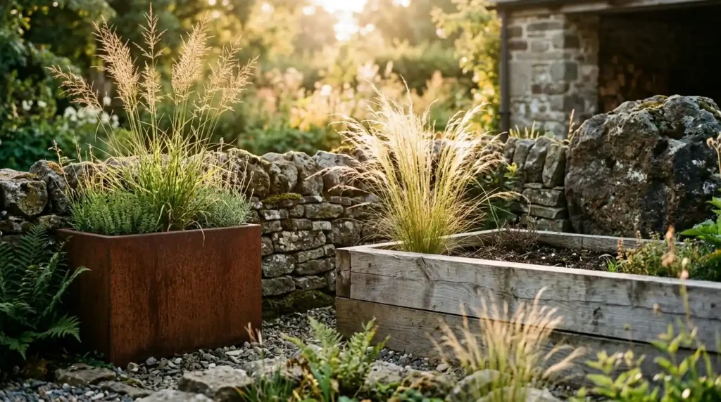 Corten steel planter dry stone wall raw timber raised bed and boulder in a modern organic landscape design showing honest natural material palette