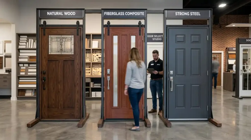 Wood, fiberglass, and steel door material comparison