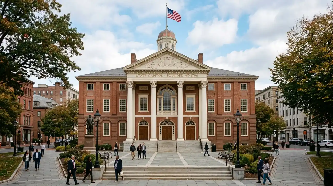 Grand Federal-style government building with symmetrical façade, columns, and historic civic square surroundings.