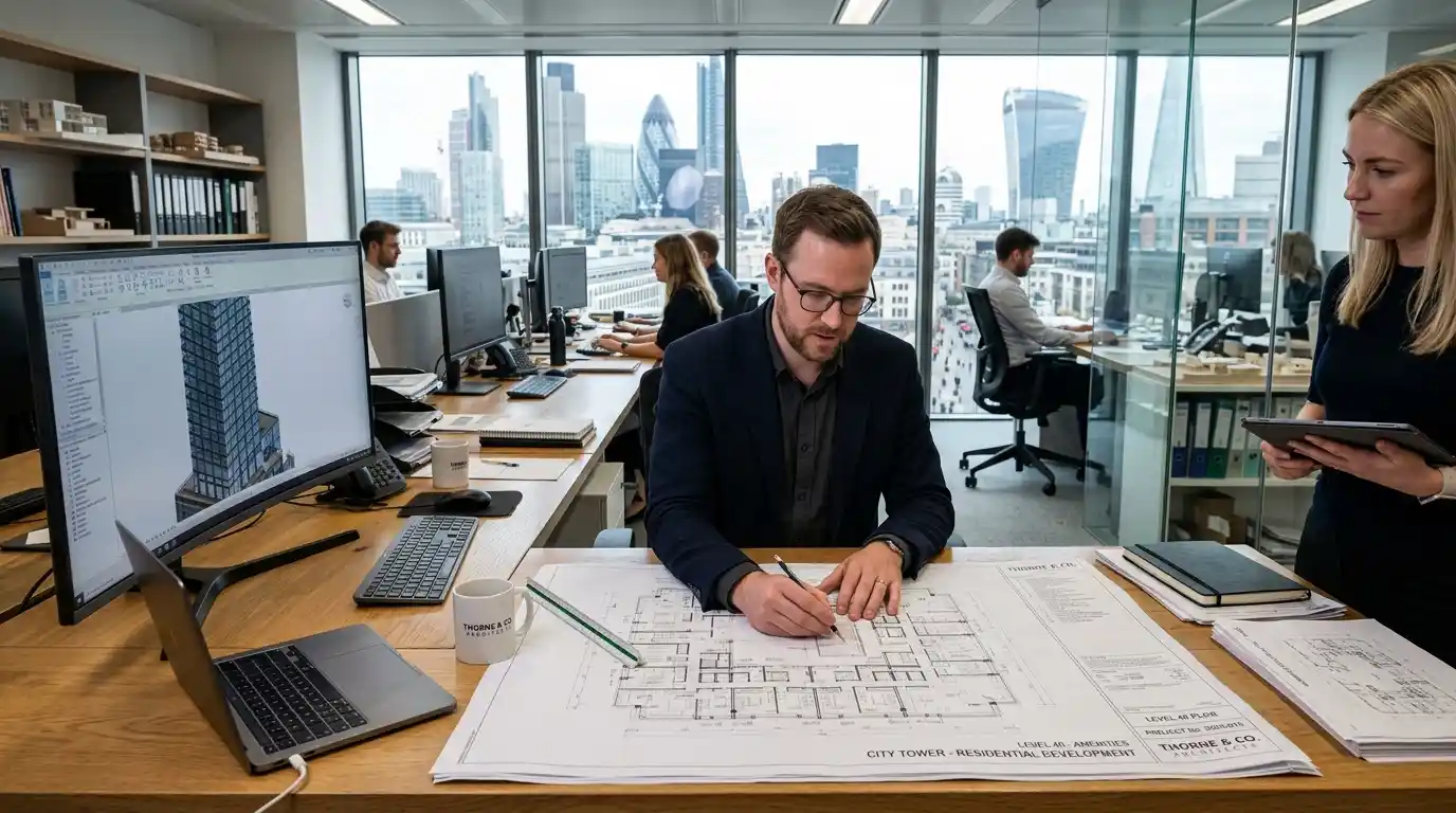 Professional architect reviewing building plans in a modern design office