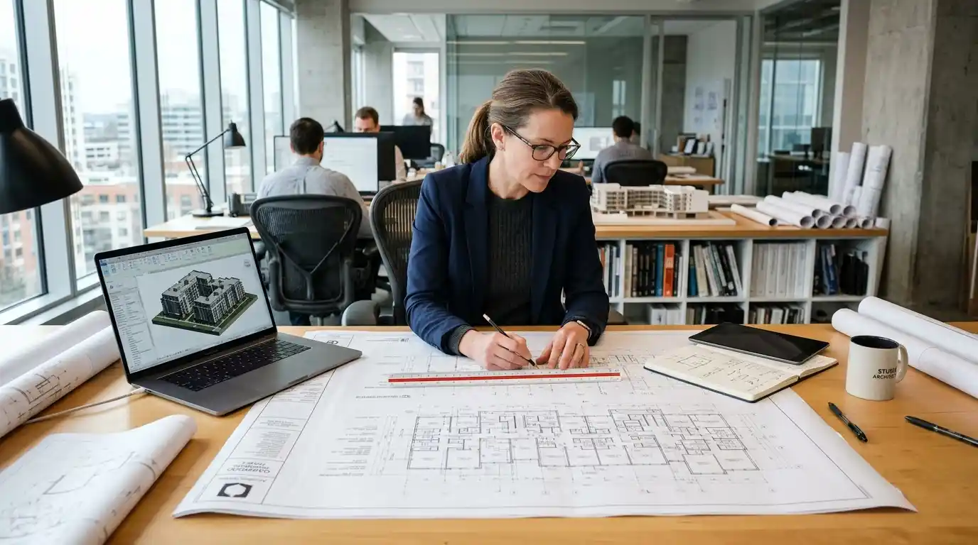 How to become an architect reviewing blueprints in a professional architecture studio