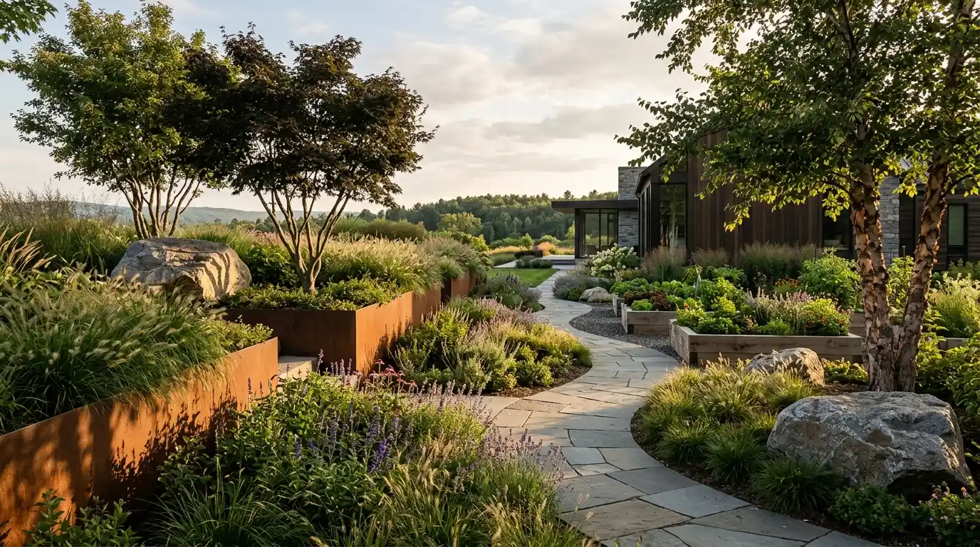 Landscape ideas from Morph featuring Corten steel planters curved pathways ornamental grasses and structured layered planting by Morph Design Co
