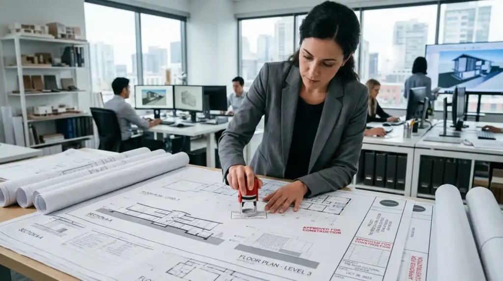 Licensed architect signing and stamping construction drawings