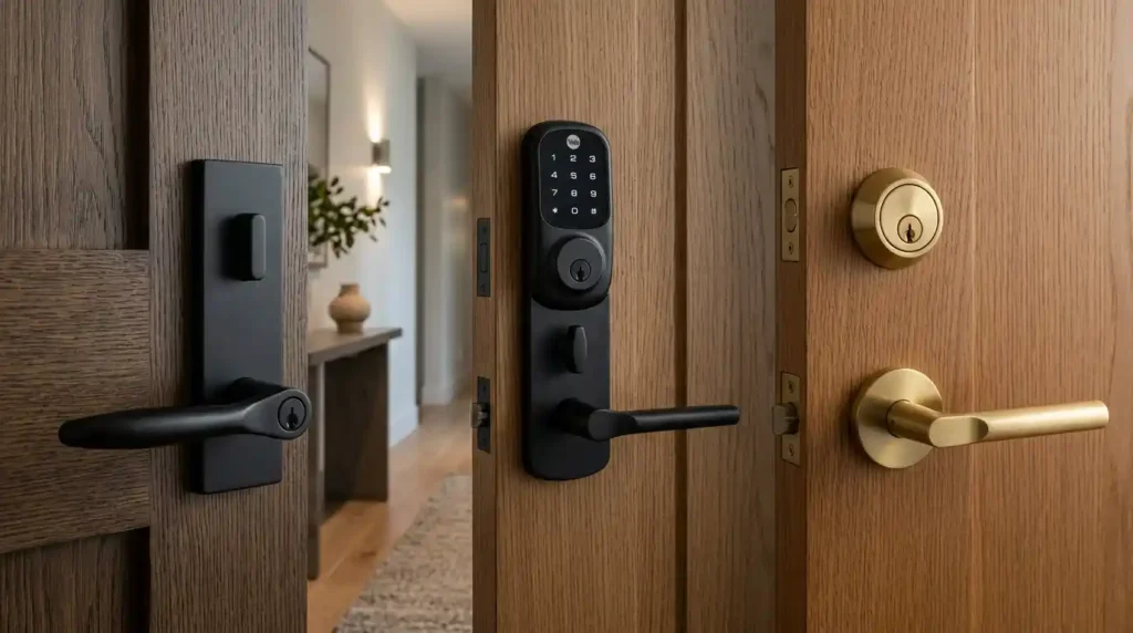 Modern door hardware with smart locks and premium finishes