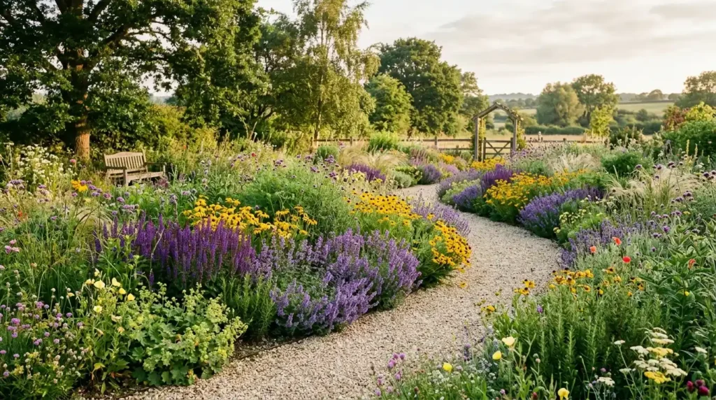 Sensory garden with wildflower meadow planting drift planting ornamental grasses curved gravel pathway and complementary color perennials in naturalistic landscape design