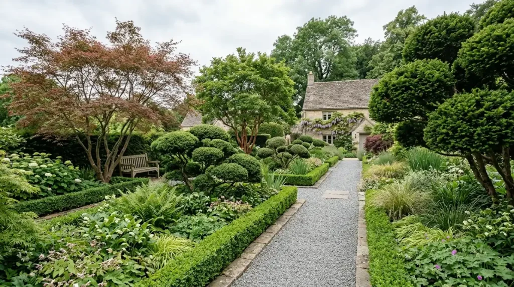 Structured landscape design with cloud-pruned evergreens multi-trunk trees layered planting and defined gravel ground cover showing year-round form